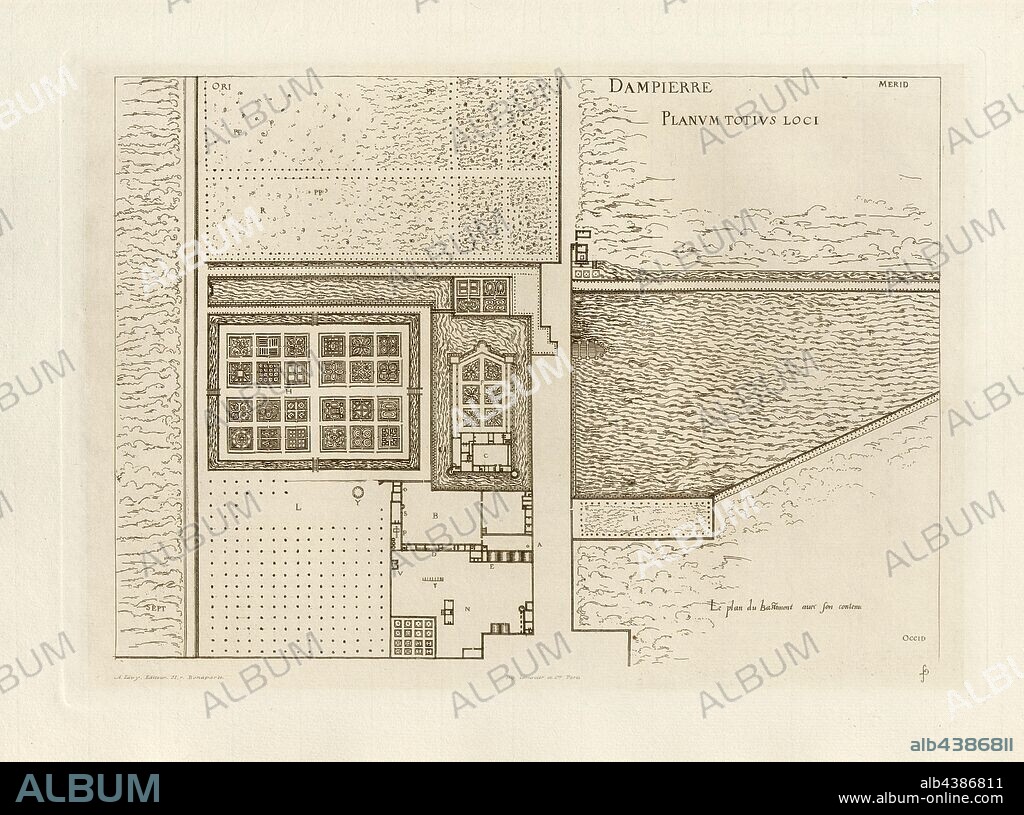 Dampierre. Bastiment's plan with its contents, Floor plan of the Château de Dampierre in France, Signed: FD; Imp. Lemercier et Cie, A. Lévy (ed.), Fig. 53, Cerceau, Jacques Androuet du (del.); Faure-Dujarric, Pierre-Lucien (sc.); Lemercier (imp.); Levy, A. (ed.), 1868, Jacques Androuet du Cerceau; Hippolyte A. Destailleur: Les plus excellents bastiments de France. Paris: A. Lévy, Libraire-Editeur, M DCCC LXVIII - M DCCC LXX. [1868-1870].