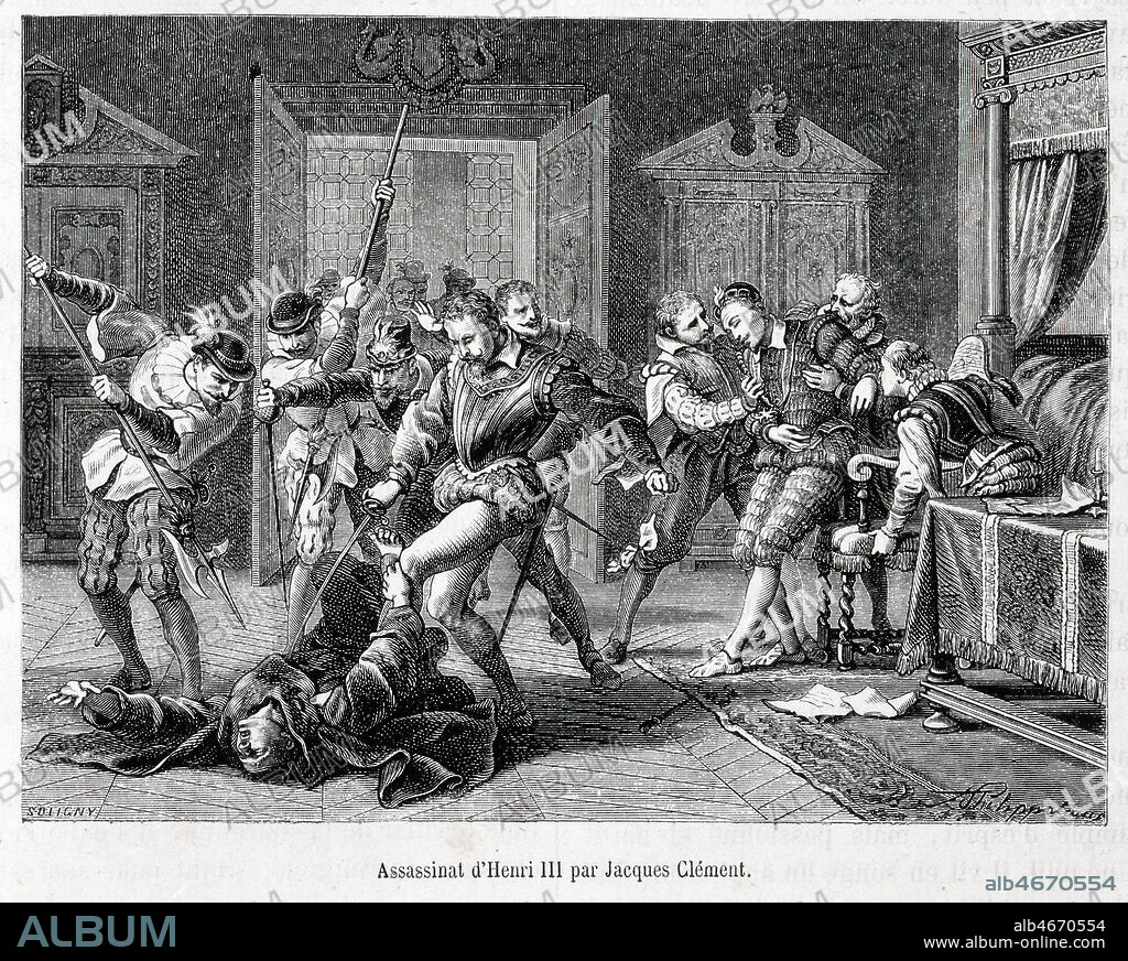Assassinat d'HENRI III (1551-1589) par Jacques CLEMENT (1569-1589). Illustration de Felix PHILIPPOTEAUX (1815-1884) pour Histoire de France populaire par Henri MARTIN vers 1880. Credit : . Credit : Collection Grob/KHARBINE-TAPABOR.