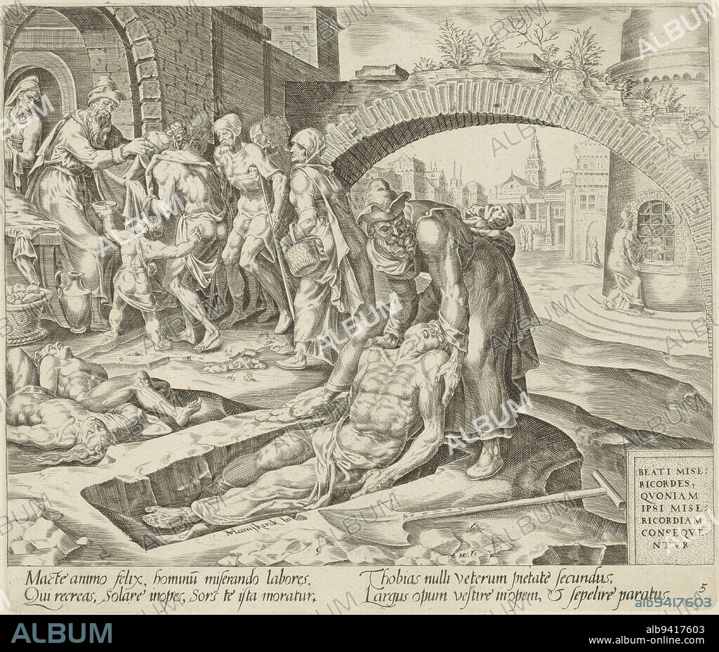 Tobit shows mercy by duly burying the dead. On the left Tobit and