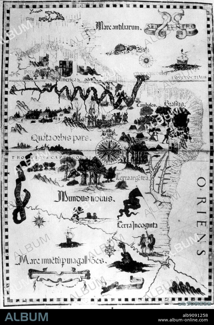 Map of South America showing Indians in Brazil and Patagonia, by Diego Homen in 1558 (Printed in colour in the book).