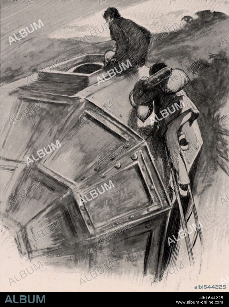 Bedford, encouraged by Cavour, enters their spacecraft for their journey to the Moon. Illustration from HG Wells "The First Men in the Moon", first published London, 1913. Halftone.  (Photo by: Universal History Archive/UIG via Getty Images).