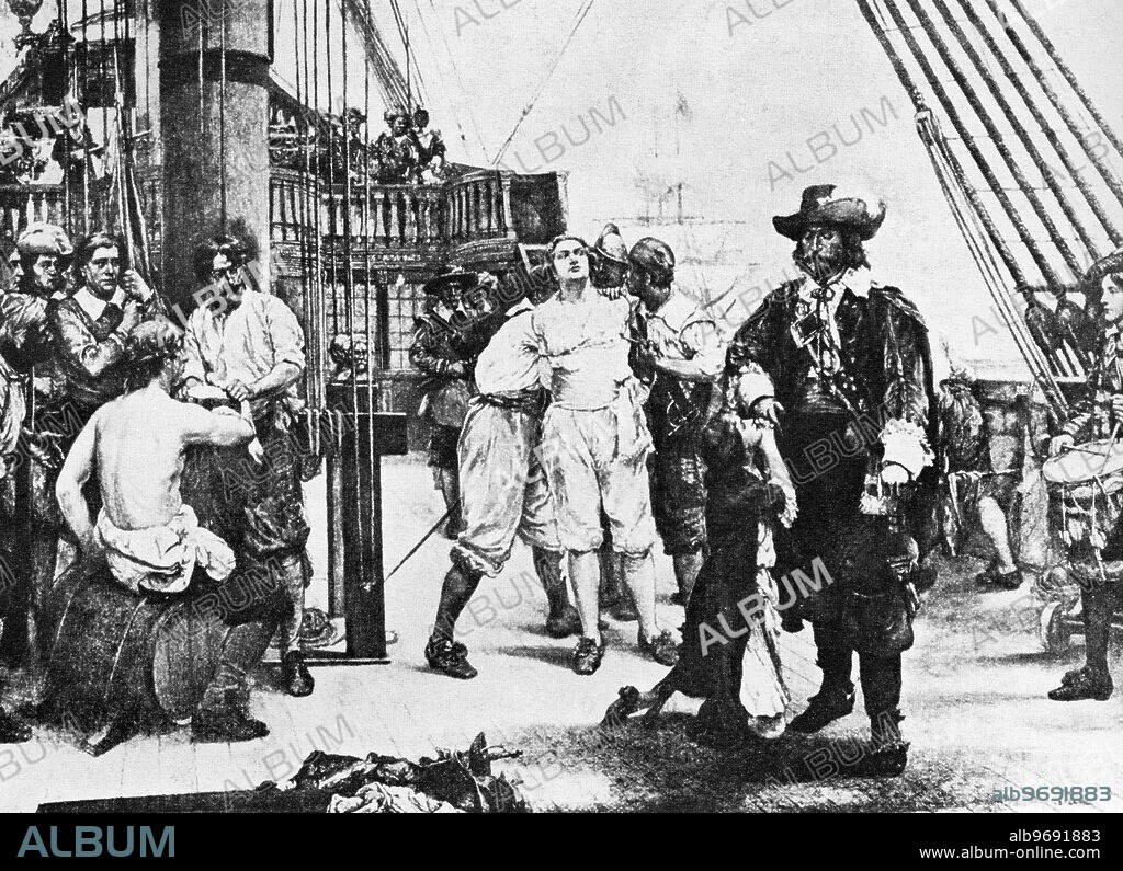 Woman prisoner pleading for mercy from privateer captain. From painting by B. F. Gribble.