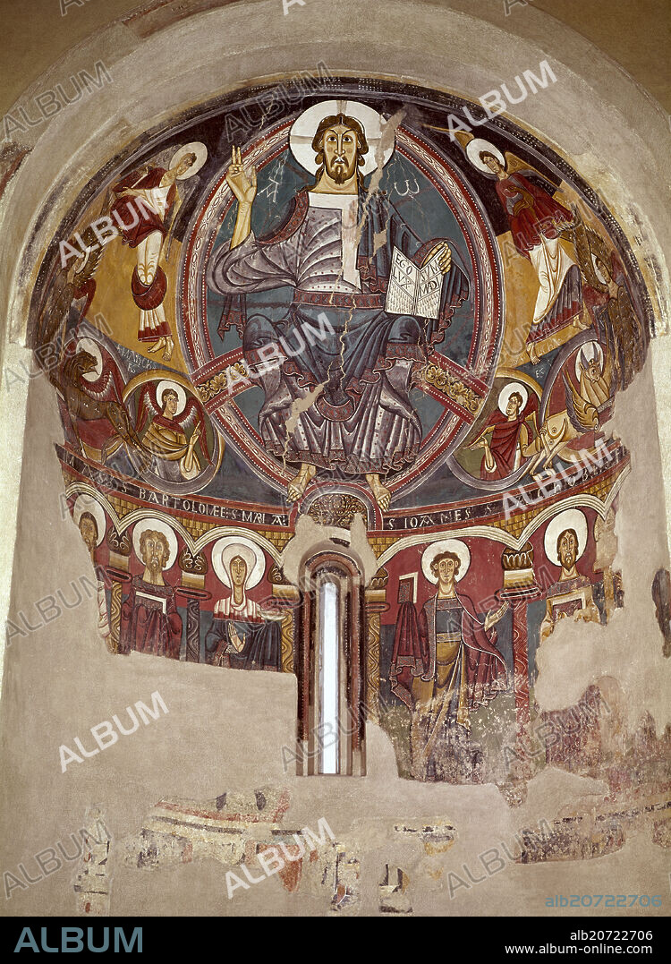 MAESTRO DE TAHULL (SIGLO XII). DETALLE DEL ABSIDE - PANTOCRATOR DE LA IGLESIA DE SAN CLEMENTE DE TAULL - SIGLO XII - ROMANICO CATALAN -PINTURA AL FRESCO.