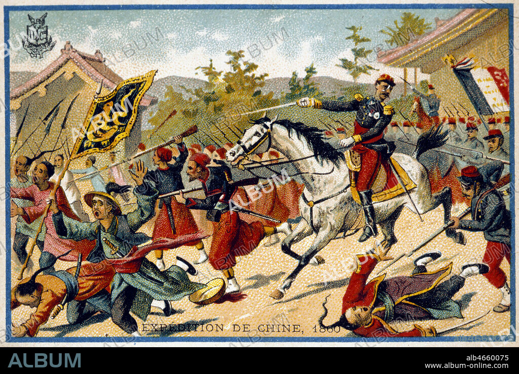 'Expedition de Chine en 1860' : armee francaise en Chine sous Napoleon III. Expedition decidee par les francais et les anglais pour forcer les chinois a observer les traites de commerce. Les francais commandes par le general Cousin-Montauban a pali-Kao, 21 septembre 1860. Chromo edite vers 1880. Credit : Collection KHARBINE-TAPABOR.