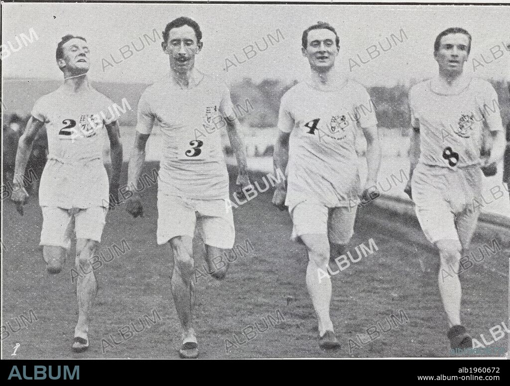 Great Britain wins the Ist heat of three mile team race. The athletes in this photograph are William Coales; Joe Deakin; Archie Robertson and Harold A. Wilson. Illustrated Sporting & Dramatic News. 18th July 1908. Photograph from a newspaper on the 1908 Olympic Games in London. Source: Illustrated Sporting & Dramatic News, page 803 detail. Language: English.