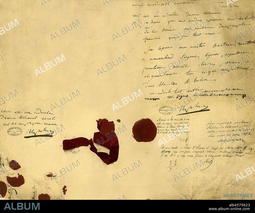 Napoleon's will, 16 April 1821, (1921). The last will and testament of Napoleon Bonaparte (1769-1821), in which he expresses his wish to be buried on the banks of the Seine in Paris. He had been exiled by the British to the remote island of Saint Helena in the South Atlantic. Facsimile document from "Napoleon", by Raymond Guyot, [H. Floury, Paris, 1921].