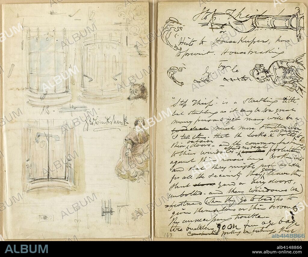 Letter: Stop Thief. George Cruikshank; English, 1792-1878. Date: 1851. Dimensions: 228 × 144 (each sheet). Signed letter in pen and brown ink, with several sketches in pen and brown ink, and one entire sheet of sketches in graphite and watercolor, signed in pen and black ink, on two sheets of cream wove paper. Origin: England.