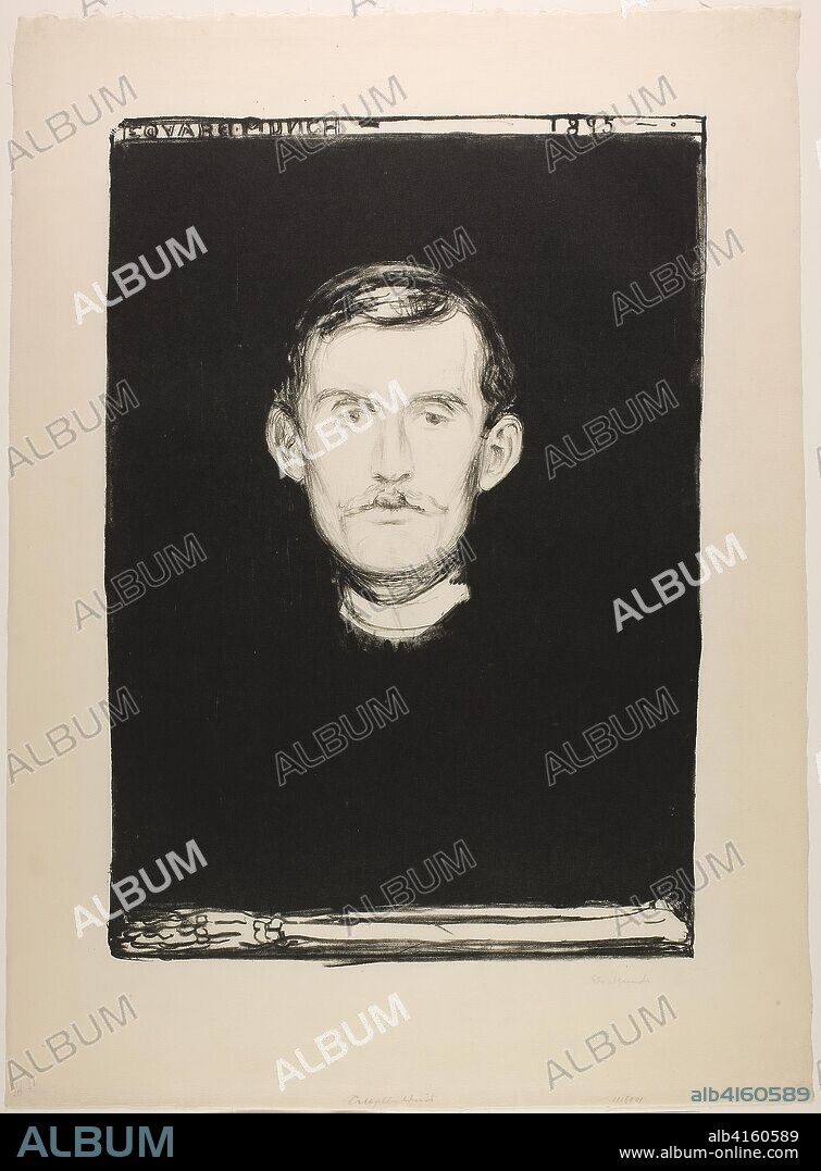 Self-Portrait. Edvard Munch (Norwegian, 1863-1944); possibly printed by Nielsen Lassally. Date: 1895. Dimensions: 465 x 325 mm (image); 482 x 363 mm (plate); 597 x 440 mm (sheet). Lithograph in black on ivory Japanese paper. Origin: Norway.