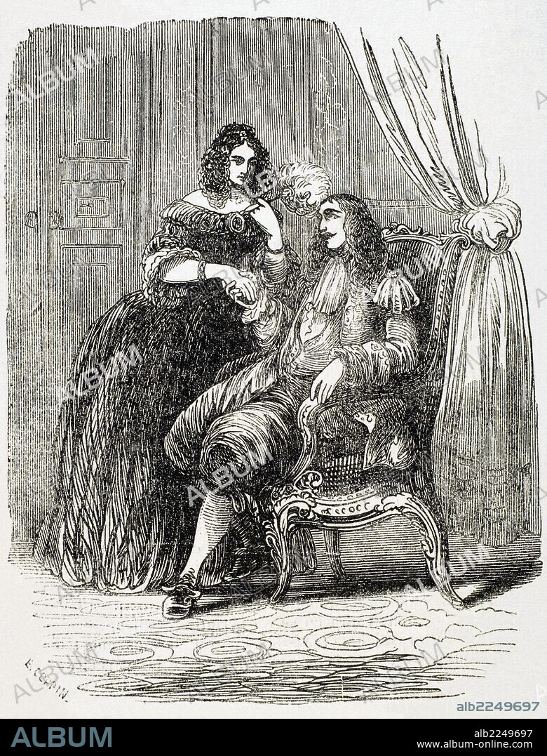 LUIS XIV, el REY SOL (Saint Germain-en-Laye,1638-Versalles,1715). Rey de Francia (1643-1715), primogénito de Luis XIII. "Luis XIV con Madame de Montespan (1640-1707), amante de Luis XIV a partir de 1667. Favorita de 1667-1679, teniendo siete hijos del monarca. Grabado.
