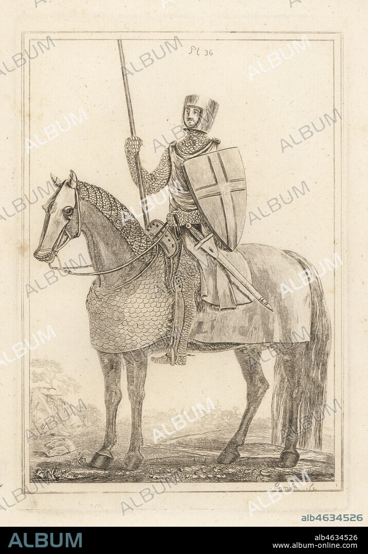 Knight or man at arms in armour of the time of King Henry II. Hawberk of plate or scale mail under a fur coat, flat helmet, shin armour jambesons and pryck spurs, lance and heater shield. Horse in chanfron, mail and scale armour. Copperplate engraving by J. Hamilton from Francis Grose's Military Antiquities respecting a History of the English Army, Stockdale, London, 1812.