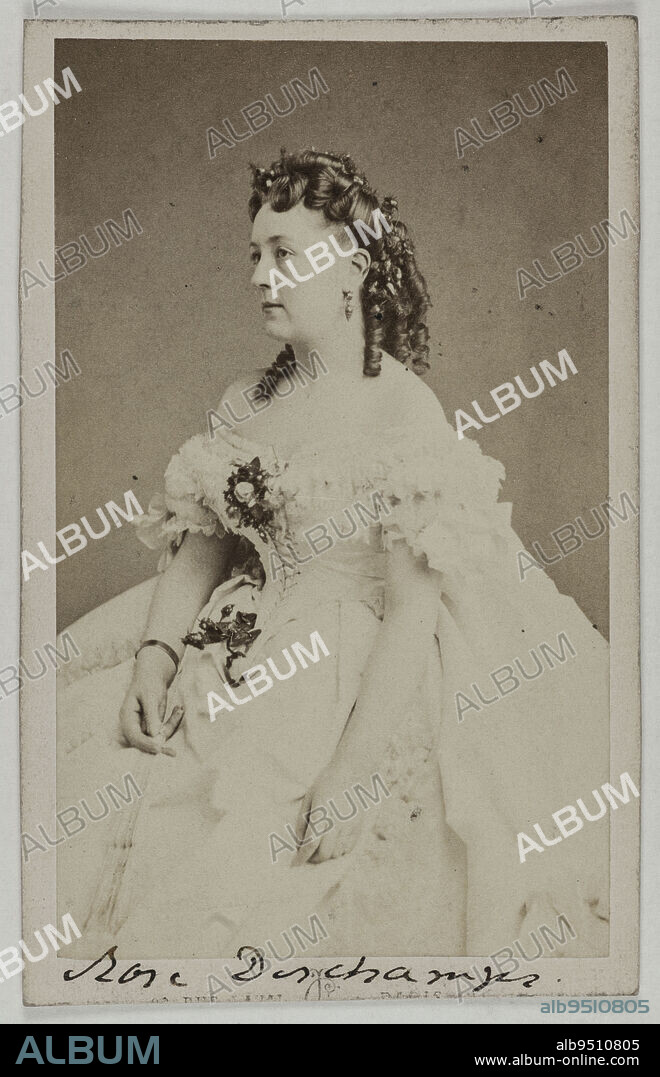 Portrait of Deschamps Rose, (born Céleste Rose Beauregard), (1845-?), (actress), Cremière, Louis, Photographer, Between 1870 and 1890, 2nd half of the 19th century, Photography, Graphic arts, Photography, Albumen paper print, Dimensions - Work: Height: 9.1 cm, Width: 5.5 cm, Dimensions: Height: 9.7 cm, Width: 6.1 cm.