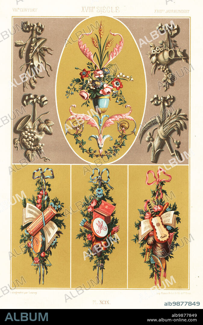 Trophies and bouquets, 18th century. Three pastoral trophies with music, musical instruments, ribbons and flowers on a gold ground by the brothers Martin, varnisher to the king, one with the initials of Marie-Antoinette (bottom). Vase by Carlle (top centre) and the four seasons in grisaille. XVIIIme Siecle. Hand-finished chromolithograph by Launay from Albert-Charles-Auguste Racinets LOrnement Polychrome, (Polychromatic Ornament), Firmin-Didot, Paris, 1869-73.