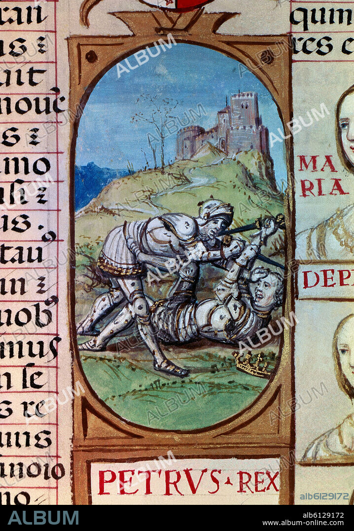 ALONSO DE CARTAGENA. GENEALOGIA DE LOS REYES DE ESPAÑA - LUCHA ENTRE PEDRO I EL CRUEL Y ENRIQUE TRASTAMARA ANTE EL CASTILLO DE MONTIEL - MANUSCRITO SIGLO XV.