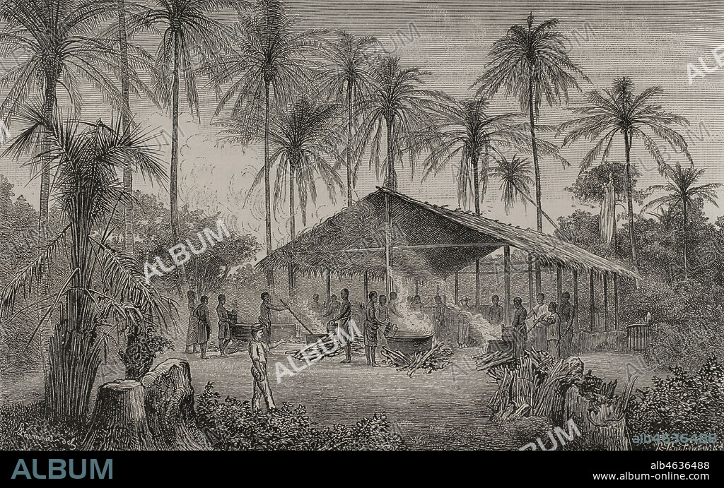Historia de Africa. Siglo XIX. Clarificación del aceite de palma. Grabado. El Congo y la Creación del Estado Independiente de este nombre. Historia de los Trabajos y Exploraciones Verificados, por Enrique M. Stanley. Editada en Barcelona, hacia 1890. España.
