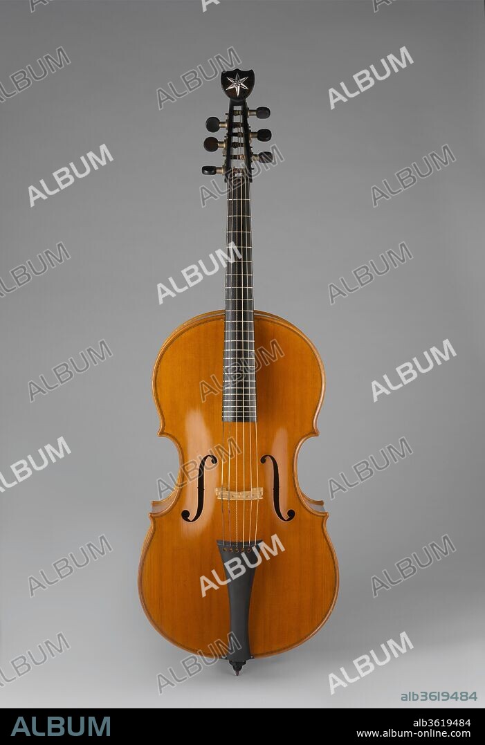 Arpeggione. Culture: Austrian. Dimensions: Total L.: 115.7 cm (45-9/16 in.); Body L.: 68.2 cm (26-5/8 in.);
Widths: UB. 33.3 cm (13-1/8 in.): MB.  23.2 cm (9-1/8 in);  LB. 39.5 (15½ in.); Sto. 34.2 (13-3/8 in); 
String L. 60.4 (23½); 
For other measurements see department file.. Maker: Johann Georg Staufer. Date: 1831.