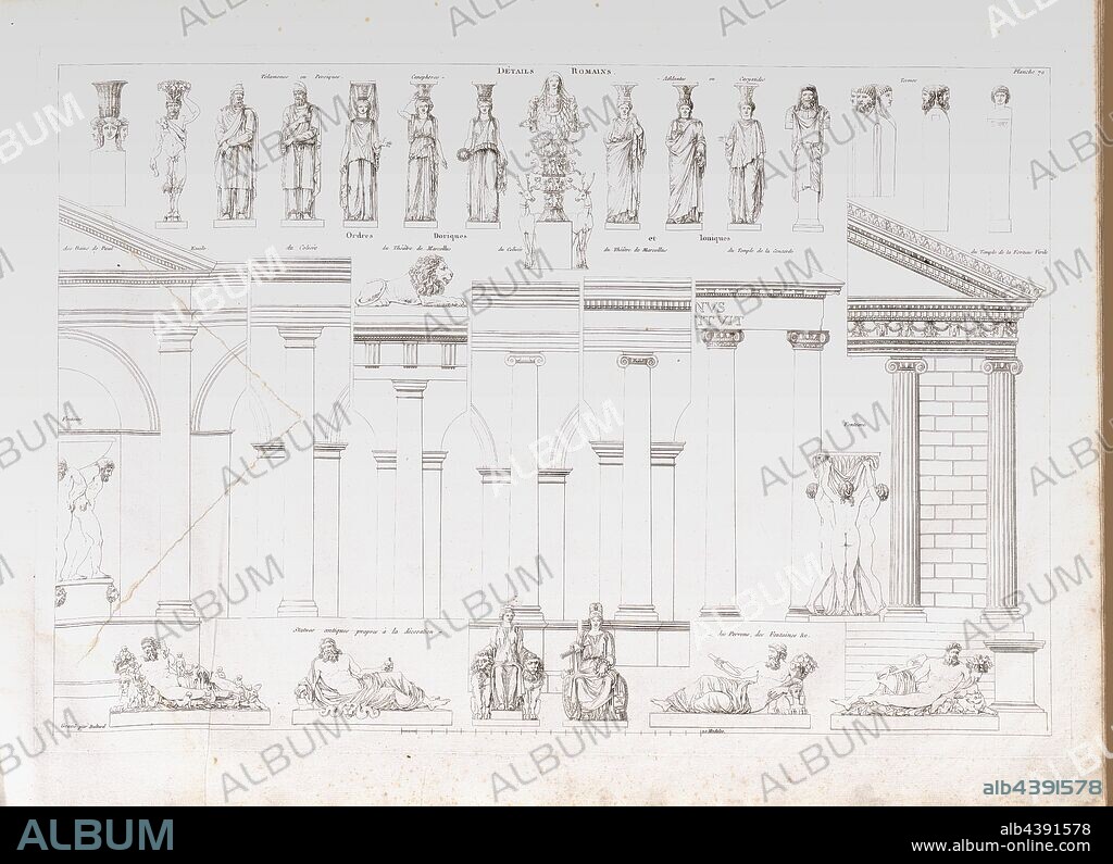Roman details 1, Roman Architecture, Signed: Gravé par Baltard, Pl. 70, p. 149, Baltard (gravé), Jean-Nicolas-Louis Durand: Recueil et parallèle des édifices de tout genre, anciens et modernes, remarquables par leur beauté, par leur grandeur ou par leur singularité, et dessinés sur une même échelle. Paris: chez l'auteur, 1801.