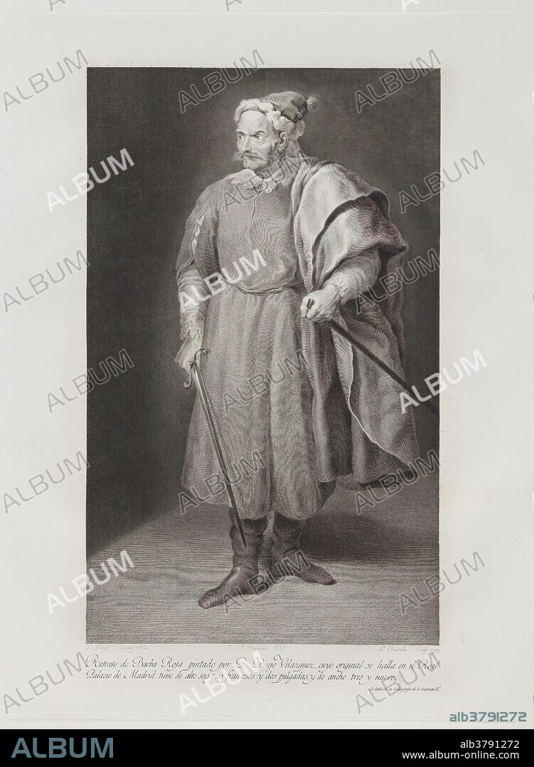 JUAN JOSÉ CAMARÓN Y MELIÁ, CALCOGRAFIA NACIONAL y LOUIS CROUTELLE. Calcografía Nacional (Vendedor); Louis Croutelle (Grabador) (Autor de la obra original Velázquez, Diego Rodríguez de Silva y); Juan José Camarón y Meliá (Dibujante) / 'El bufón Barbarroja, don Cristóbal de Castañeda y Pernia'. 1799. Talla dulce: aguafuerte y buril sobre papel continuo, 890 x 630 mm.