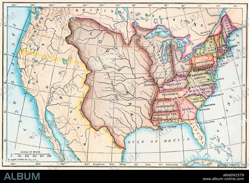 Map of the Louisiana Purchase as understood in 1803, later modified by treaty. Printed color lithograph of a 19thcentury illustration.
