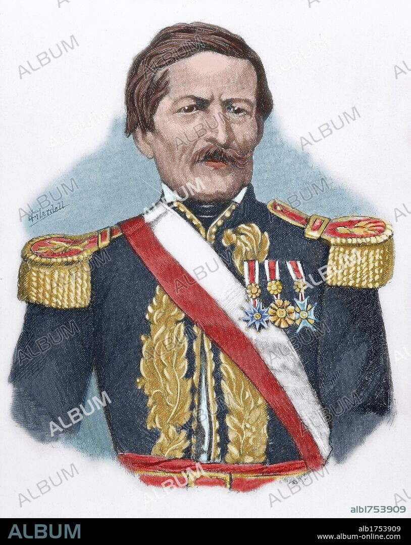 CASTILLA MARQUESADO, Ramón (1796-1867). Estadista peruano. Elegido presidente de la República en 1845 y presidente constitucional en 1858. Grabado coloreado de "Americanos célebres" (1888) .