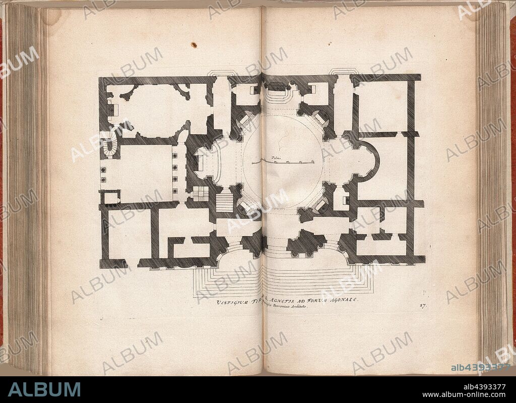 Marking to market agonale Temple St. Agenetis, Floor plan of the church of Sant Agnese in Agone in Rome, Fig. 74, 17, after p. 94, Offizin Endter Nürnberg (imp.), 1775, Joachim von Sandrart:Teutsche Academie der Bau- Bildhauer- und Maler-Kunst: worinn die Regeln und Lehrsätze dieser Künste gegeben, nicht weniger zu mehrerer Erläuterung die besten Exempel der alten und neuen Künstler in Kupfer beygefüget worden, wie solche in Rom auf das genaueste abgezeichnet sind: nebst den Lebensbeschreibungen der besten griechischen, römischen und neuen Künstler, ingleichen der Anzeige ihrer vornehmsten Werke. Nürnberg: verlegt in der Johann Andreas Endterischen Handlung, 1768-1775.