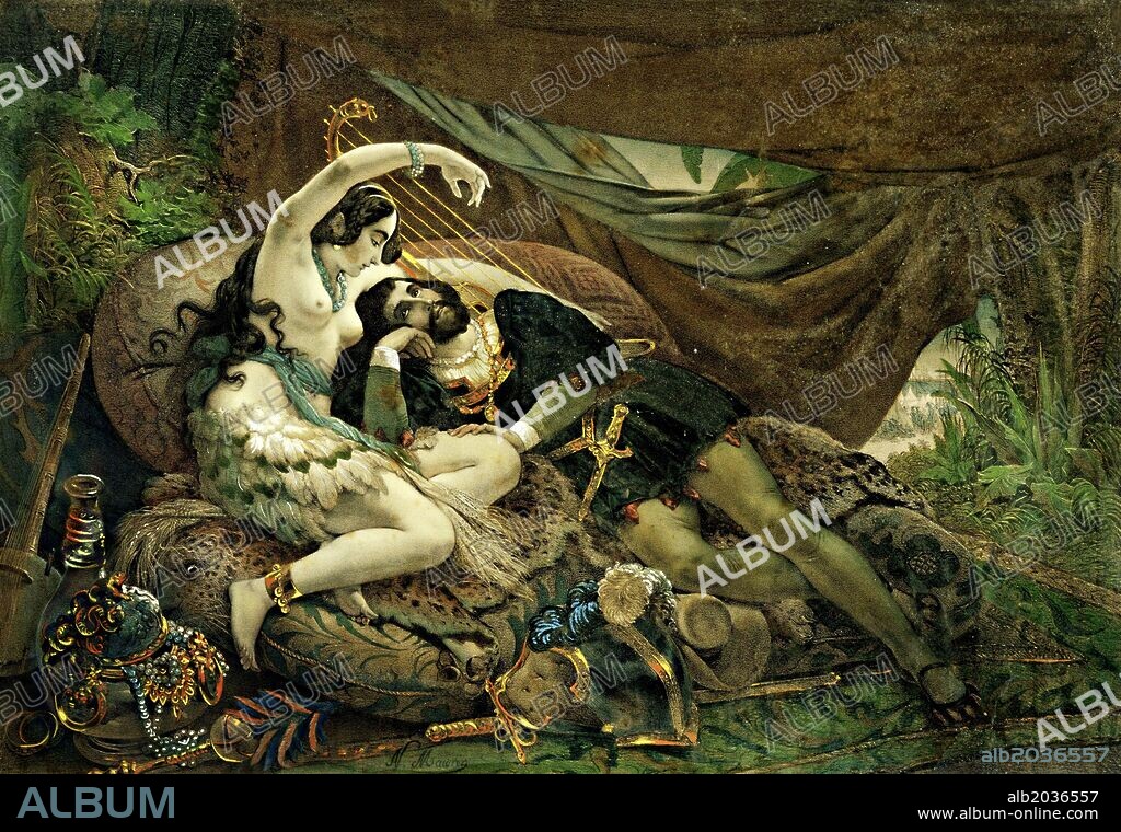 Nicolas-Eustache Maurin / 'La mexicana Alaida con Hernán Cortés en su tienda', siglo XIX, grabado coloreado.