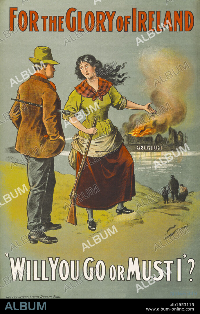 First World War chromolithographic recruiting poster printed in Dublin and aimed at convincing young Irishmen to join the army.