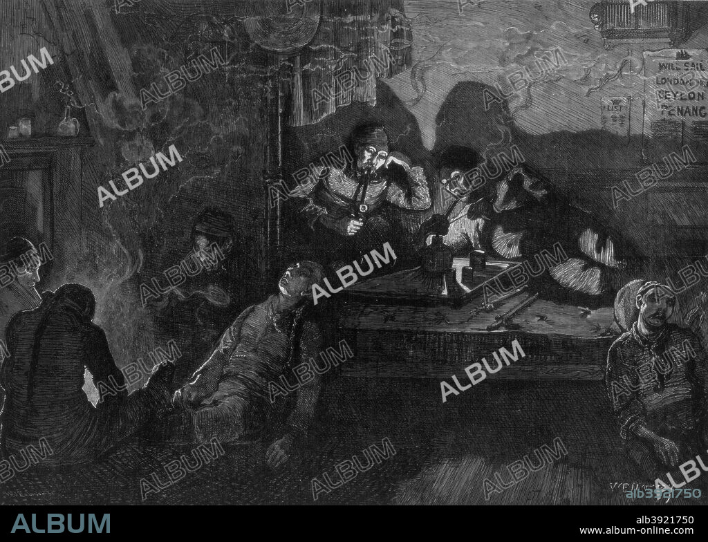 'Opium smoking in the East End of London', 1874. A notice on the wall refers to the imminent departure of a ship from London to Ceylon and Penang in the Far East. Some opium dens in London were the haunt of lascars and Chinese sailors. A print from the Illustrated London News, 1 August 1874.