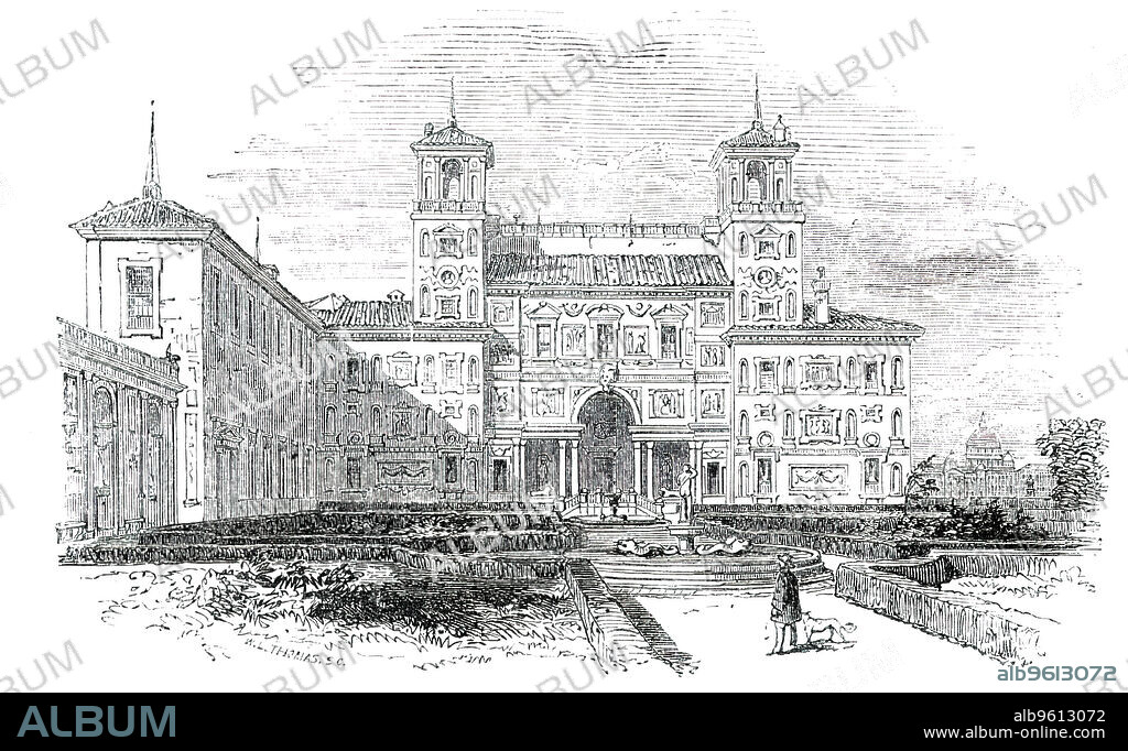 French Academy - Rome, 1850. View of '... the Villa Medici (usually called the French Academy), adjoining the Piazza della Trinita de' Monti, on the Pincian Hill. It was formerly, as the name imports, the property of a member of the famous Medici family, Leo XI., but has been for many years in possession of the French Government, and used as the French Academy for the study of the fine arts at Rome, where a number of French students, who, in the yearly exhibitions at Paris, have given promise of excellence, are supported for a fixed period, to enable them to complete their studies on the classic soil of art. The mansion was built just three centuries ago, and the facade is said to be from the designs of Michael Angelo. The site is most agreeable, commanding a fine prospect and view of the principal buildings of the City beneath'. From "Illustrated London News", 1850.