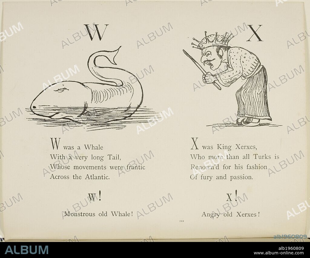 Whale and King Xerxes Illustrations and verses from Nonsense Alphabets drawn and written by Edward Lear. . Nonsense Botany, and Nonsense Alphabets, Fifth edition. Frederick Warne & Co.: London & New York, 1889. Source: Cup.400.a.42 112. Language: English.