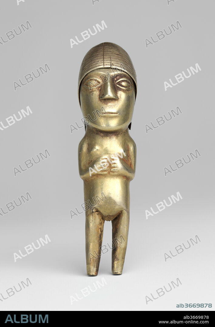 Female Figurine. Culture: Inca. Dimensions: H. 2 5/8 in. (6.7 cm). Date: 1400-1533.
This female figurine is hollow and composed of worked sheet metal of a gold-rich silver alloy. The subject is a woman in a pose comparable to a range of other Inca metal figurines that depict women. The head is notably large relative to the rest of the body, and the eyes are almond-shaped. The figure stands upright with hands and arms pulled close to the chest, and with hair pulled back into two tresses fastened with a tassel, similar to the tassel or ribbon worn by women in the Peruvian altiplano today (Valencia 1981, 57). Within the corpus of Inca anthropomorphic metal figurines, there are essentially three height groups (5-7 cm, 13-15 cm, 22-24 cm), and this object is in the smallest height group. The place where this figurine was deposited is unknown. However, it was likely deposited as part of an Inca offering to a huaca (a Quechua and Aymara language term for a sacred entity). These <i>huacas</i> range from a rock to a river to a mountain. The figure itself also can be conceived as a <i>huaca</i>, having its own <i>camay</i> (a Quechua language term), an energizing power (see Bray 2015; Cruz 2009; Trever 2011). These figurines, along with rocks or other natural forms, may have played a role as active agents in the negotiation of power within the Inca Empire. For instance, other <i>huacas</i> served as 'doubles' for Inca royalty who demanded that people revere such representations as if they were royalty themselves (Trever 2011; Valencia 1981). 
Though the figure here is now unclothed, some analogous female metal figurines from Inca contexts, including Ampato in Peru (Onuki and Rojas 2000) and Llullaillaco in Argentina (MAAM 2007), were found wrapped in miniature textile garments fastened by <i>tupus</i> (metal pins) and adorned with feather headdresses. They may be accompanied by other figurines in shell (<i>Spondylus</i> spp.) often in the same general shape as the metal ones along with Inca ceramic and wooden vessels, including <i>qeros</i> used for drinking, and <i>chuspas</i>, or textile bags for coca. At Ampato and Llullaillaco, among others in regions of contemporary Peru, Argentina, Ecuador and Chile, there is evidence of depositions related to the ritual performance of <i>capac hucha</i>, or 'royal obligation', an Inca imperial practice. According to 16th century Spanish chronicler Juan Diez de Betanzos (1996, 46, 132) this practice involved children brought from different locales to Cuzco, the capital of the Inca Empire, where they were paired and married and then sent on processions to various sites brought into the fold of the Empire. On arrival at these destinations, they were killed and buried with a range of materials, including metalwork. There were several imperial motivations for the <i>capac hucha</i> performance. One was to mark the geographic expansion of Inca territory. Another was to commemorate certain royal events, such as the death of a ruler. Elements of these <i>capac hucha</i> assemblages may be involved in other types of offerings, such as the deposition of camelid figurines in metal and shell in a line associated with stones of the <i>usnu</i>, or altar, of Cuzco as part of the dedication of sacred space in the Haukaypata, or main plaza (Farrington and Raffino 1996, 73). Another instance of figurine deposition, in the absence of human remains, which may or may not be a case of <i>capac hucha</i>, is an Inca offering in Unit 16, Platform 1 of the Moche site of Huaca de la Luna. There, a female anthropomorphic figurine made of <i>Spondylus princeps</i> was found wrapped in miniature textile garments (an <i>aksu</i>, <i>lliclla</i>, and <i>faja</i>), fastened by <i>tupu</i>s, two of which are connected to a cord from which hang <i>Spondylus</i> plaques (Rojas et al. 2012) (see image 3). The disruption of sacred sites through excavation and exhibition does deserve consideration; for more information about the circumstances of Llullaillaco, please see Aguero 2004, Fine-Dare 2009, and Politis 2001, 99-101. 
The figure was formed from separate sections of metal sheet. The head and body section was made by working a flat sheet into an approximate cylinder, joining the two vertical ends along the back (here overlapping left over right), and cutting the sheet to enable the two legs to be wrapped into thin cylinders yet remain attached to the main body. At the groin small triangular cuts or cracks are visible where the metal was worked to create the legs, though in other similar figurines this area is both concealed and reinforced by an additional saddle-shaped gusset, or filler piece, closing the now-open space between the legs (cf. Lechtman 1996, 309). X-radiography reveals that the hair section is soldered to the figure along the sides, forehead, and down the back (see image 4, front-back view); the head underneath the hair is open at the back and upper shoulders (see image 4, profile view). All of the metal sections appear to have been joined by the use of solder. 
The details of the figurine - facial features, arms and hands, and breasts - would have been hammered into the metal sheet before the figure itself was fully formed. Additional shaping and sharpening of the eyes, nose, mouth and fingers, as well as a small indentation in the groin indicating the sex of the figurine, were accomplished by tracing or engraving the metal from the front (see image 5). 
The hair piece itself is engraved or incised with lines that define the hair's coiffure. As with other Inca female human figurines in metal, a line has been drawn along the center of the head from the front of the hair where it meets the forehead, toward the back (see image 6). This line was most likely made before the sheet was shaped, and may have served to guide the overall symmetrical design of the hair piece. A deep hammered depression or concave fold runs vertically down the back of the hair, with thin diagonal incised lines along both sides to represent plaits; their somewhat discontinuous nature suggests they were added after the piece was formed. This figure stands apart from some others in that the incised center line ends well before it meets the concave fold, at the crown of the head (see image 7). 
The figurine in its present state reveals many aspects of its original fabrication as a result of the previous separation and loss of some of its sheet components. Currently it is composed of two sections of metal - the head, torso and legs (one piece), and the hair. The figurine would also have had small flat feet made of sheet metal. The gusset at the groin and both feet have been lost. The hair piece is missing a section along the left side, including the left tassel. It appears that the hair section may have at one point become partially or wholly detached, as there are the remains of a recent adhesive here. There is a short crack at the forehead adjacent to the incised center line. 
The missing feet were likely soldered to the leg pieces and potentially secured with cylindrical extensions into the legs; one similar figurine from Isla de la Plata in Ecuador (Field Museum 4450) shows pins securing the legs (Cockrell et al. n.d.). On this figure, the proper right leg interior shows some material inside the opening, but the x-radiograph shows it is not metallic and likely represents an earlier repair or restoration. 
This figurine's fabrication process and physical appearance are consistent with other Inca human figurines made of worked metal sheet, though it is now missing some of its characteristic components. The same general morphology and design details are also apparent on Inca human figurines made of the shell Spondylus spp. It is important to consider when and to whom the fine technical work of these figurines was visible. While the offering materials may have been displayed separately in processions inside and out of Cuzco, the figurines were intended, as part of the functioning capac hucha assemblage, to be wrapped in textiles, largely hidden by and from the other assemblage components. 
Technical notes: Optical microscopy, X-radiography, and XRF conducted in 2017. 
Bryan Cockrell, Curatorial Fellow, AAOA 
Beth Edelstein, Associate Conservator, OCD
Ellen Howe, Conservator Emerita, OCD 
2017.