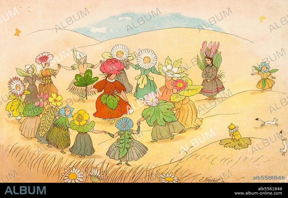 Littérature / Livre d'images. "Ronde". Lithographie coul., 1898, de Ernst Kreidolf (1863-1956). In : Blumen-Märchen (Contes de fleurs). Images, texte et lithographie de Ernst Kreidolf, 2e édit. Cologne (Schafstein & Co) 1903. Berlin, Sammlung Archiv für Kunst und Geschichte.