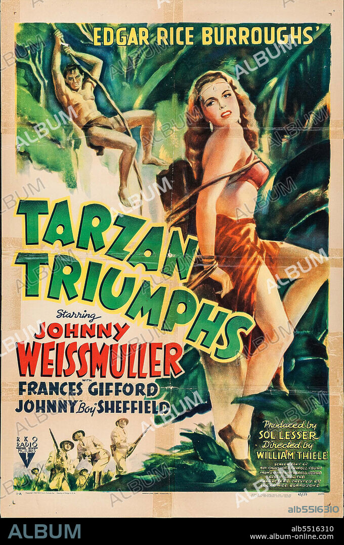 FRANCES GIFFORD and JOHNNY WEISSMULLER in TARZAN TRIUMPHS, 1943, directed by WILHELM THIELE. Copyright RKO.