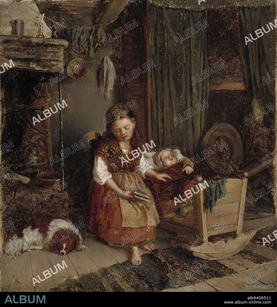 Karl Emanuel Jansson, 7.7.1846, Pålsböle Finström, Åland, 1.6.1874, Jomala Manor, Åland, Girl at the cradle, 1866, 33.5 × 31.5 cm, oil, oil on canvas.