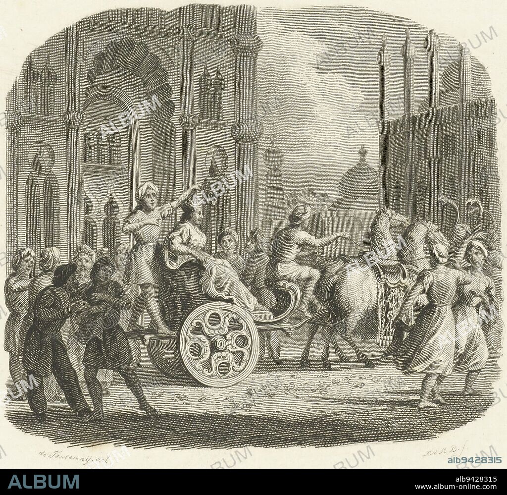 King in open carriage at oriental city, Johannes Alexander Rudolf Best, after Louis Henri de Fontenay, 1807 - 1855, print maker: Johannes Alexander Rudolf Best, (mentioned on object), intermediary draughtsman: Louis Henri de Fontenay, (mentioned on object), Amsterdam, 1807 - 1855, paper, steel engraving, h 248 mm - w 151 mm.