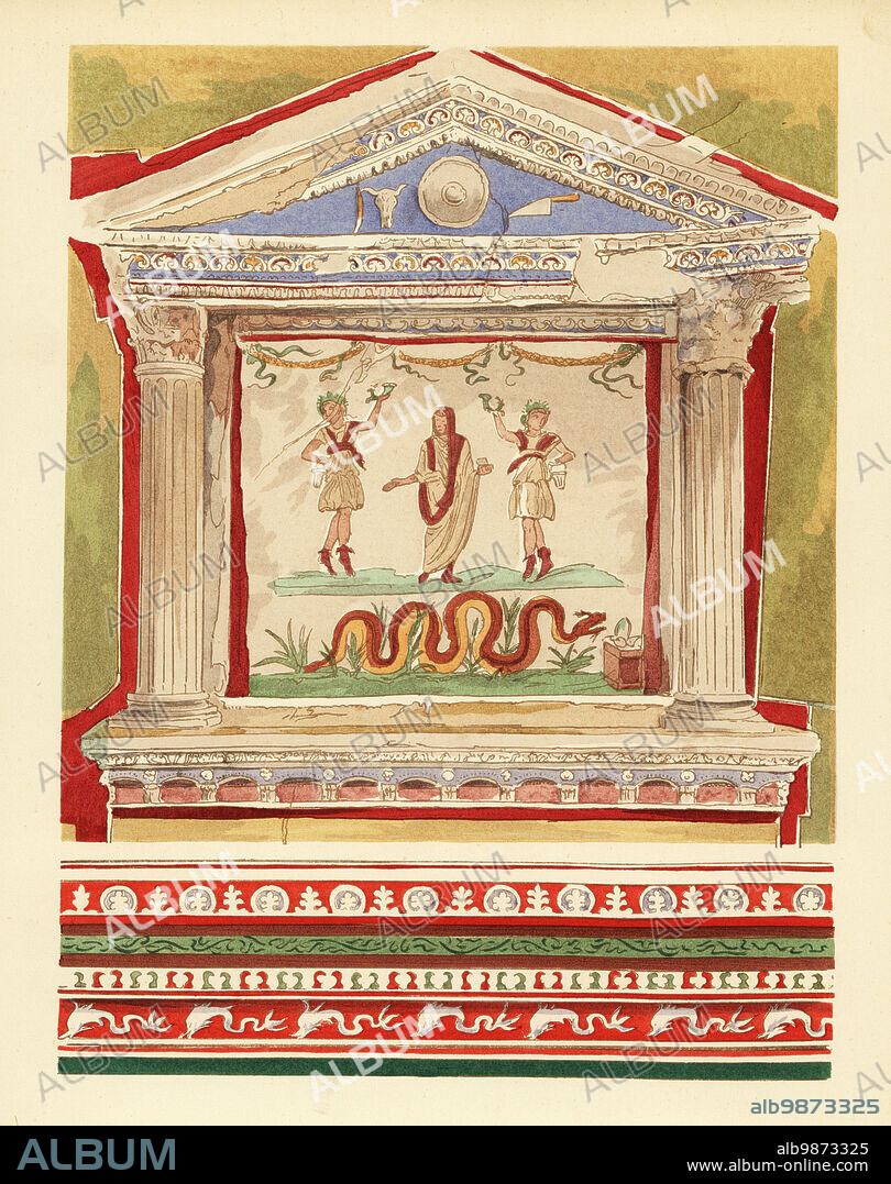 Household lararium in the House of the Vetti, Pompeii. Serpent under two household gods Lars either side of a guardian Genius loci. Fourth Pompeian Style. Polychrome moulding in the Third Style (below) Laraire de la maison des Vettii, Region VI.15, quatrieme style. Moulure polychrome du troisieme style. Handcoloured pochoir (stencil) lithograph by Pierre Guzman from his own Decoration murale a Pompei, (Wall decoration at Pompeii), Editions Albert Morance), Paris, 1924.