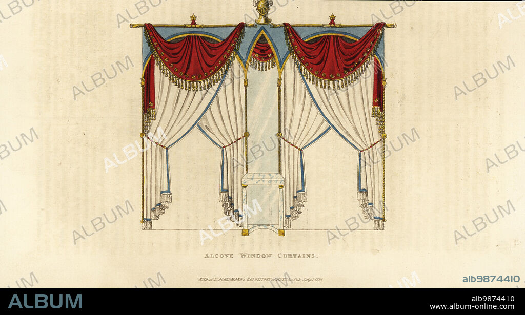 Alcove window curtains. Fabric arches on brass rods, transparent curtains and fringed festoons hanging from the top poles. Handcoloured copperplate engraving from Rudolph Ackermanns Repository of Arts, Literature, Fashions, Manufactures, etc., Strand, London, 1824.