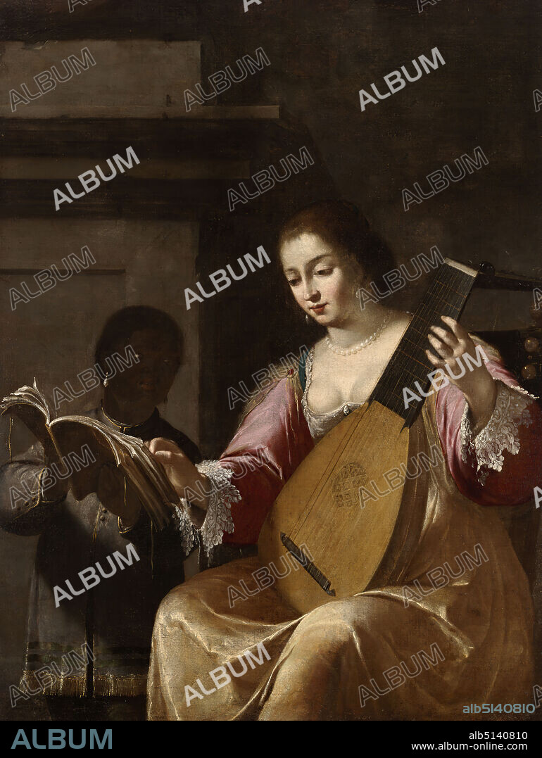 Artist: Jean Daret, French, 16141668, Woman Playing a Lute, Oil on canvas, 125.6 × 95.9 cm (49 7/16 × 37 3/4 in.), Not on view, French, 17th century, Paintings.