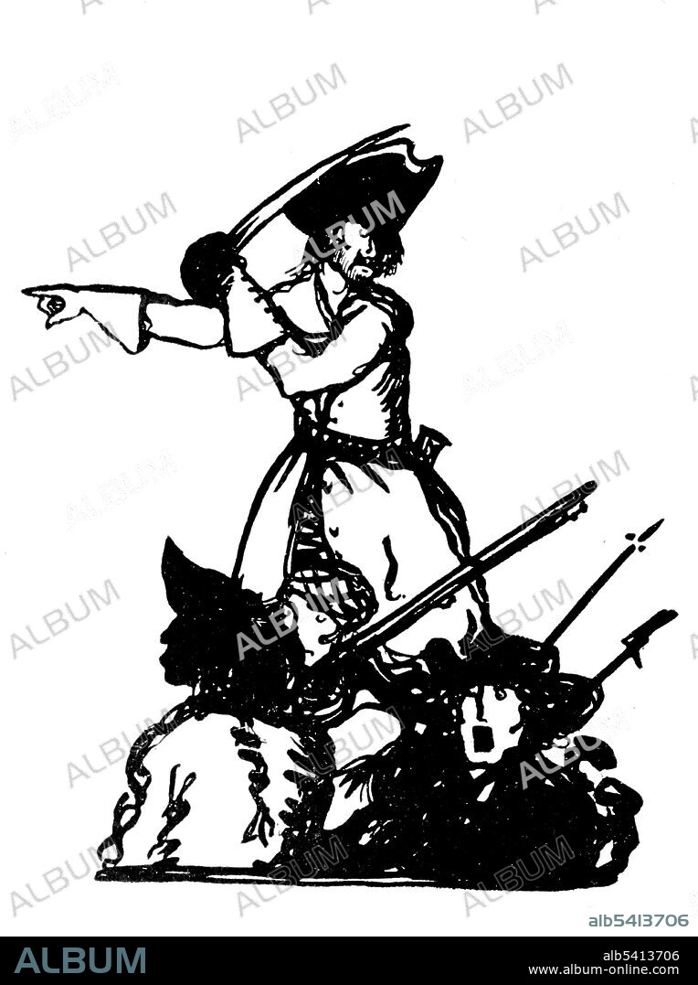 John Rackham AKA Calico Jack (1682 - 1720) was an English pirate captain operating in the Bahamas and Cuba. He is most remembered for two things: the design of his Jolly Roger flag, a skull with crossed swords, and for having two female crew members, Mary Read and Anne Bonny (his lover). In 1720, he and his crew were captured, found guilty of piracy, and hanged. Anne and Mary were reprieved, when it was discovered they were both pregnant. (cropped and cleaned).