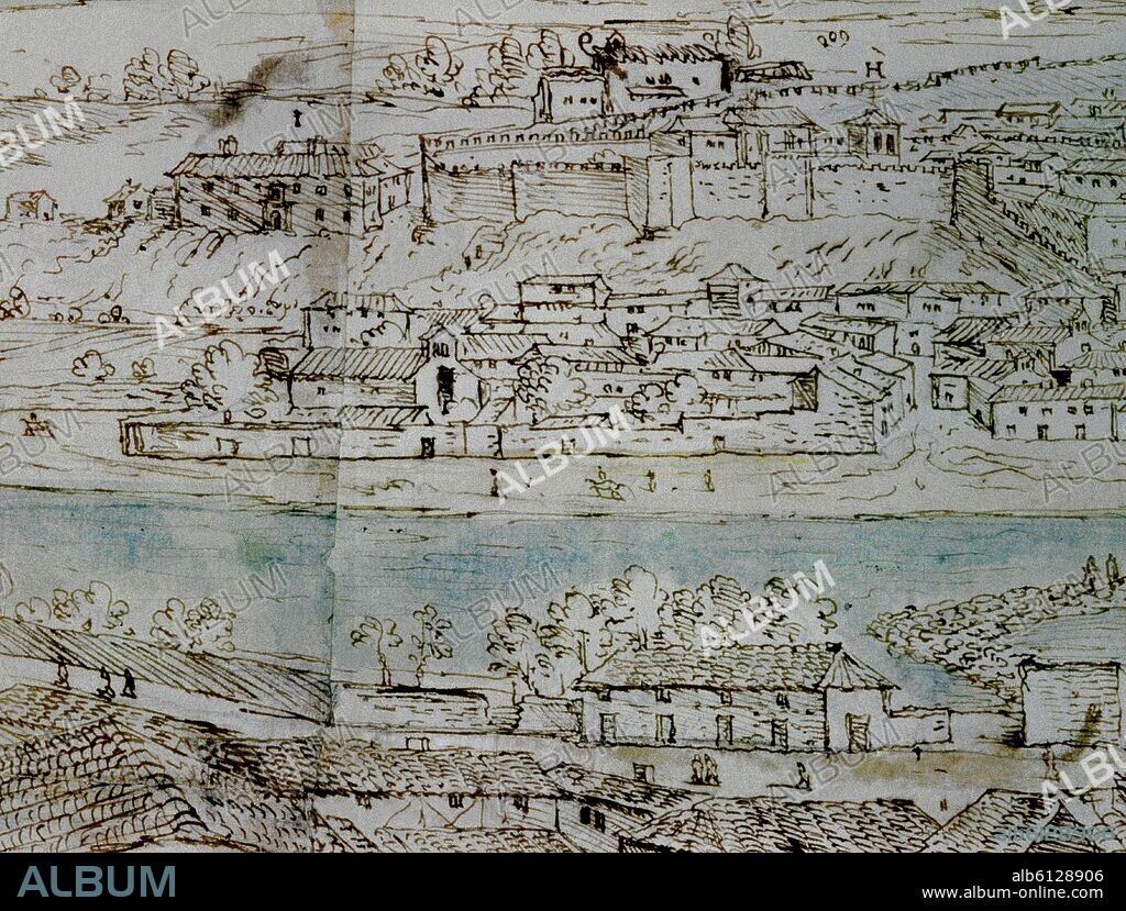 ANTON VAN DEN WYNGAERDE 1512 O. SALAMANCA-1570-DIBUJO SEPIA-DET DE CASAS Y RIO TORMES.