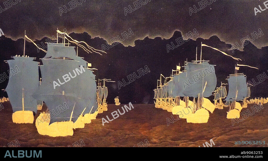 The Battle of Dogger Bank - Sasaya, Japan 1792, lacquer. Sasaya, a Japanese lacquerer was commissioned by a Dutchman to depict the naval Battle of Dogger bank in the North Sea, probably on the basis of a print. The Panel shows the movement at the beginning of the engagement when the Dutch and the British ships lined up for battle.