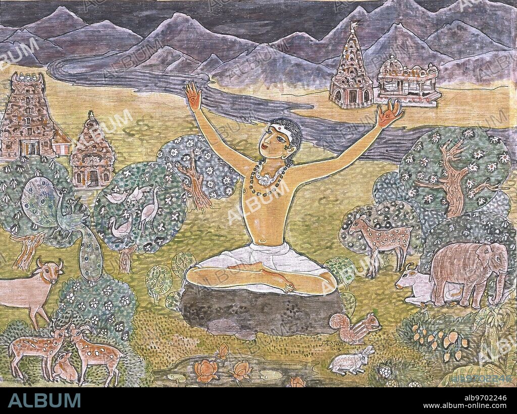 HAP-136784 : Artist S. Rajam - hindu belief - hindu - hinduism - art - yoga - himalayan academy art - meditation - sadhu - sanyasan - samadhi - shiva - animals - himalaya - river - temple - god - self - self-realization - moksha -.