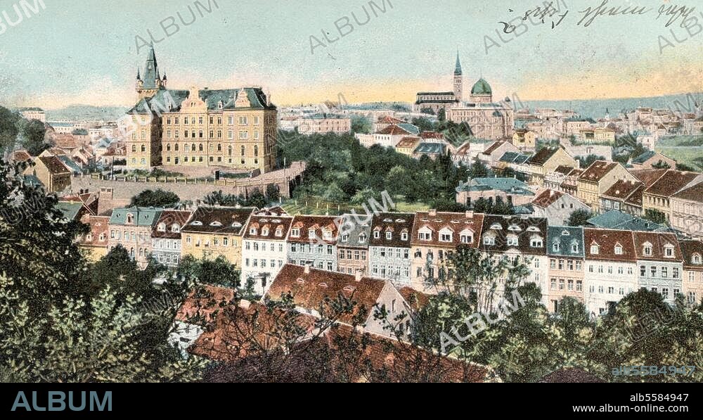 Teplice (German Teblitz), Czech Republic. View of the town. Photo postcard, coloured, 1911.
