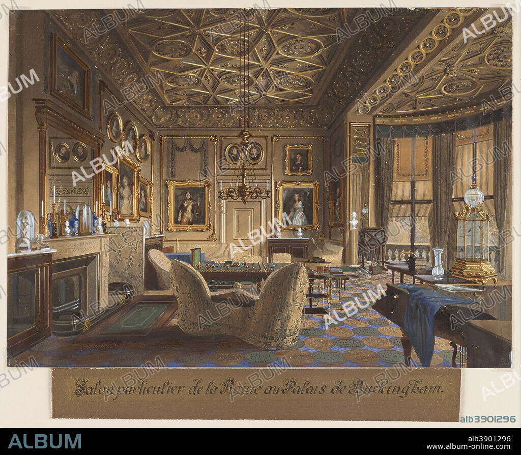 JAMES ROBERTS. Salon Particulier de la Reine au Palais de Buckingham. (The Queen's Sitting Room at Buckingham Palace). Date/Period: August 1848. Drawing. Brush and wash, watercolor and gouache on white wove watercolor paperAttached label: Brush and black ink, graphite, ruled lines over gold paint on cream paperboard.