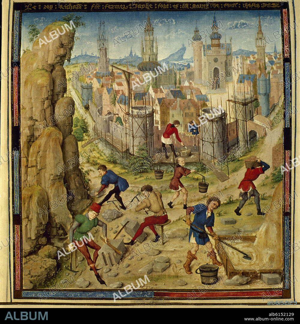 DREUX JEAN. CRONICAS DE LAS CRUZADAS-1ªCRUZADA-GODOFREDO MANDA RECONSTRUIR MURALLA JERUSALEM S XI -1099 - MANUSCRITO DEL SIGLO XV.