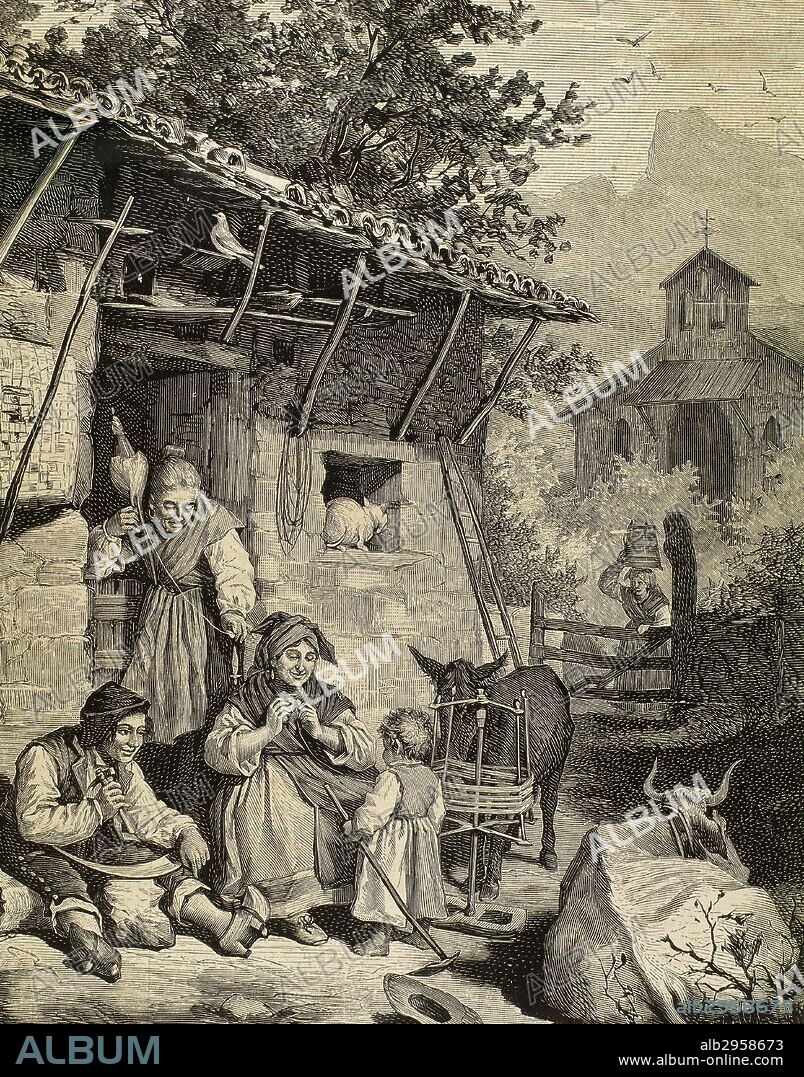 SOCIEDAD ESPAÑOLA SIGLO XIX. TIPOS Y COSTUMBRES DE ASTURIAS. "CAMPESINOS DESCANSANDO EN EL CORTIJO" Grabado de "La Ilustración Española y Americana". Siglo XIX.