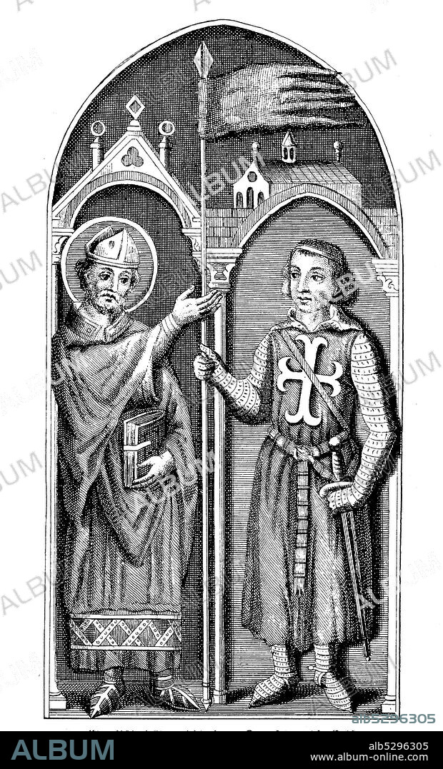 A bishop presents a crusader with the Oriflamme, church banner of the abbey of Saint-Denis, 1240, France.