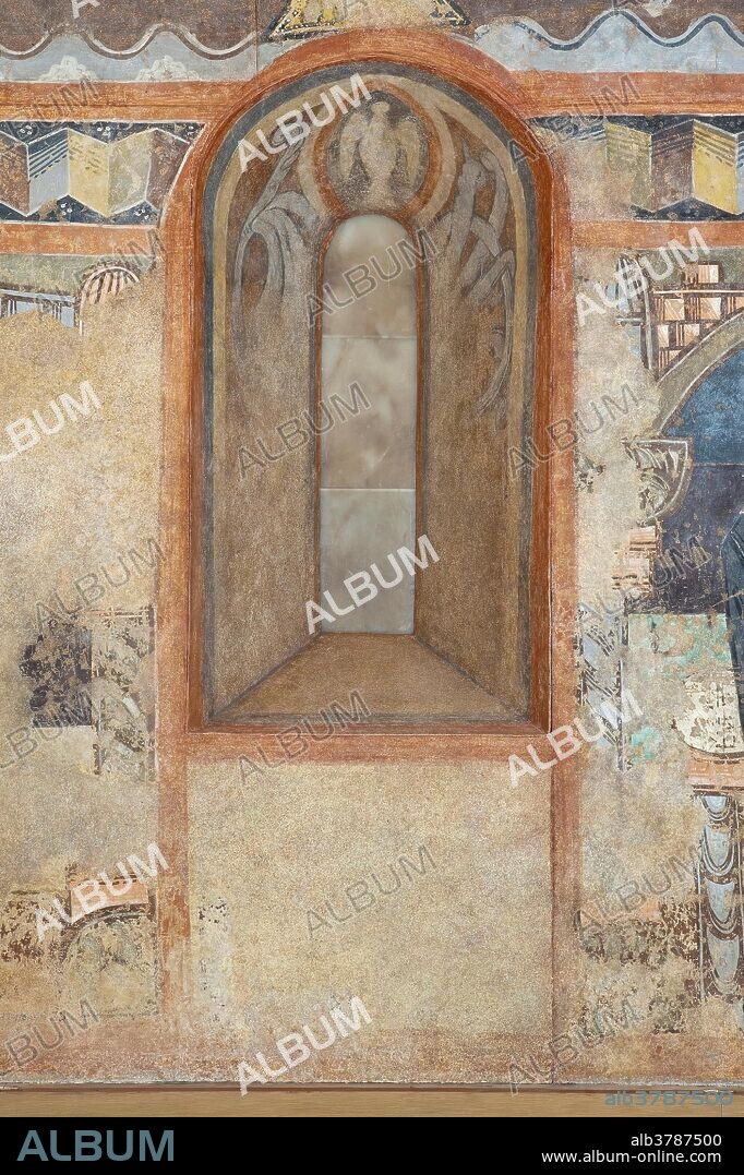 ANÓNIMO. Anónimo / 'Intradós de ventana. Pintura mural de la ermita de la Vera Cruz de Maderuelo'. Siglo XII. Pintura al fresco sobre revestimiento mural trasladado a lienzo, 140 x 75 cm.