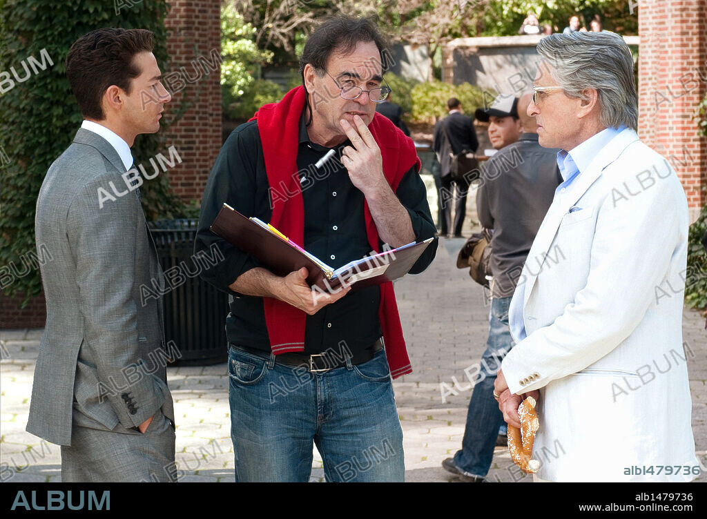 MICHAEL DOUGLAS, OLIVER STONE and SHIA LABEOUF in WALL STREET: MONEY NEVER SLEEPS, 2010, directed by OLIVER STONE. Copyright EDWARD R. PRESSMAN FILM.