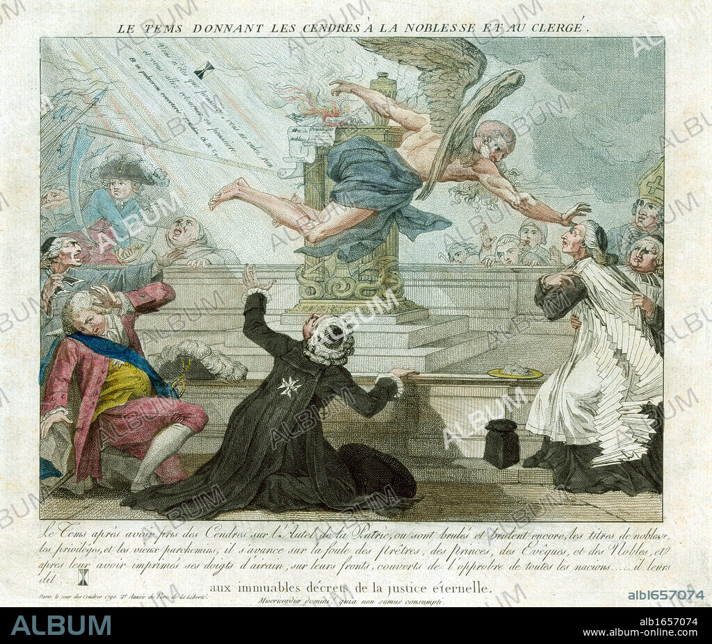French Revolution: Father Time flying past altar on which the privileges of the nobility and clergy are being burned. He is anointing the forehead of one priest with ashes while others draw back. Print 1790. Anti-Clericalism.