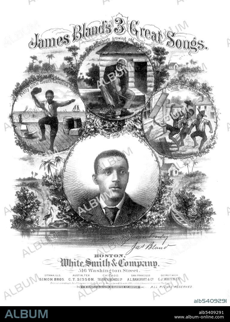 James Alan Bland (October 22, 1854 – May 5, 1911) was an African-American musician and songwriter. Born to a free family, his father was one of the first African-American college graduates (Oberlin College, 1845). Beginning with a banjo purchased by his father, he was performing professionally by age 14.  Bland was educated in Washington, DC and graduated from Howard University in 1873. Bland was one of the most prolific minstrel composers of all time writing over 600 songs, including; Carry Me Back to Old Virginny (1878), In the Morning in the Bright Light (1879), In the Evening by the Moonlight (1879), Oh! Dem Golden Slippers (1879), Hand Me Down My Walking Cane (1880) and De Golden Wedding (1880). Often called, The World's Greatest Minstrel Man, he toured the United States, as well as Europe. Appearing as, The Prince of Negro Songwriters, he was invited to give command performances for Queen Victoria and the Prince of Wales. Music historian Alec Wilder calls Bland the black writer who broke down the barriers to white music publishers' offices. He spent his later years in obscurity and died from tuberculosis in 1911 at the age of 56.